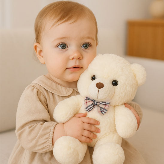 BĂ©bĂ© aux yeux bleus tenant tendrement un doux ours en peluche crĂšme avec un nĆud papillon.
