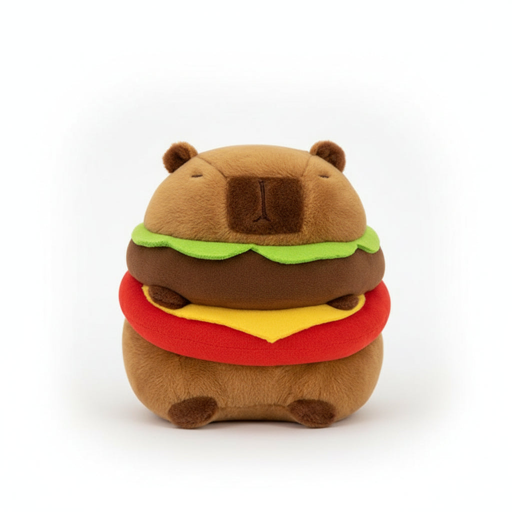 Adorable peluche capybara marron, déguisée en hamburger, cheeseburger peluche.