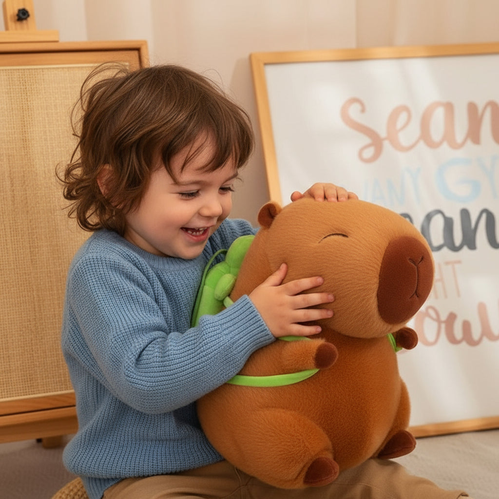 Un enfant ravi serre une douce peluche capybara, son dos vert