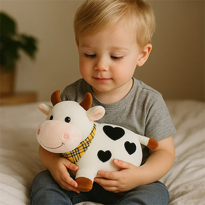 "Enfant blond adorable regardant une peluche vache noire et blanche."