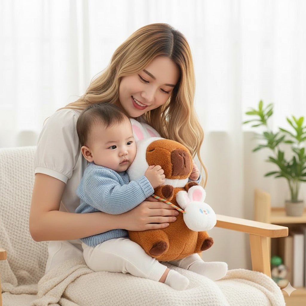 Maman et bébé cùlinent une douce Peluche capybara, moment tendre.