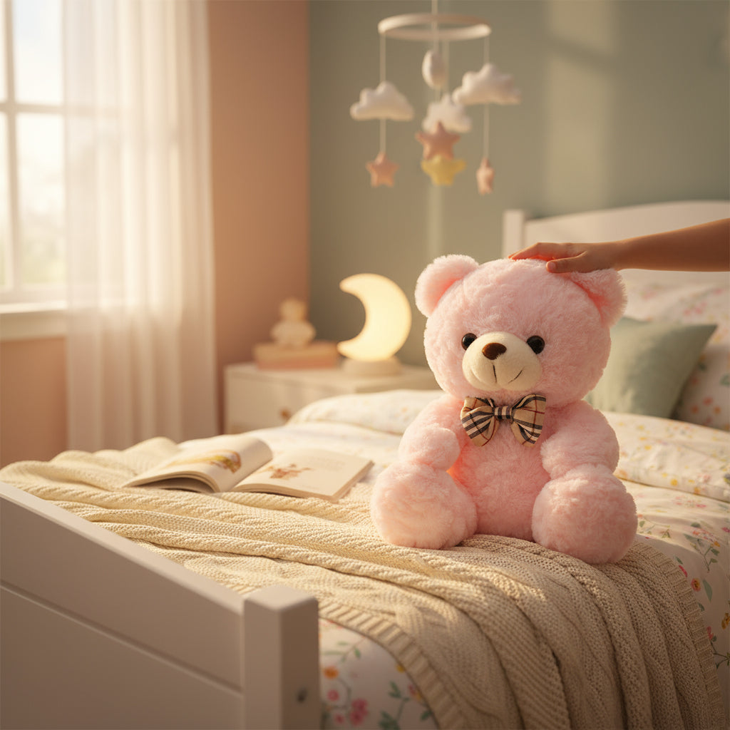 Ours en peluche rose assis sur un lit dans une chambre d'enfant paisible.