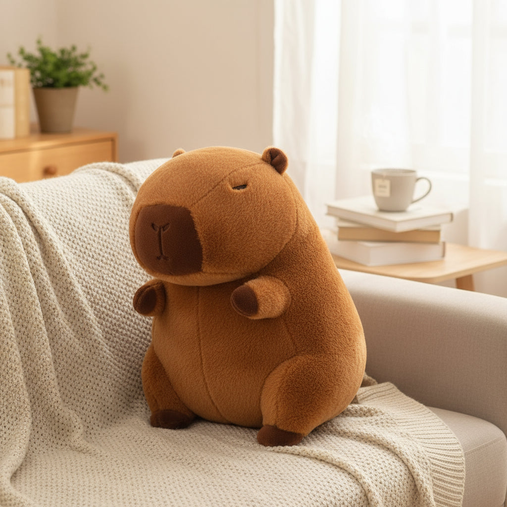 Adorable peluche capybara assise tranquillement sur un canapé, ambiance cosy.