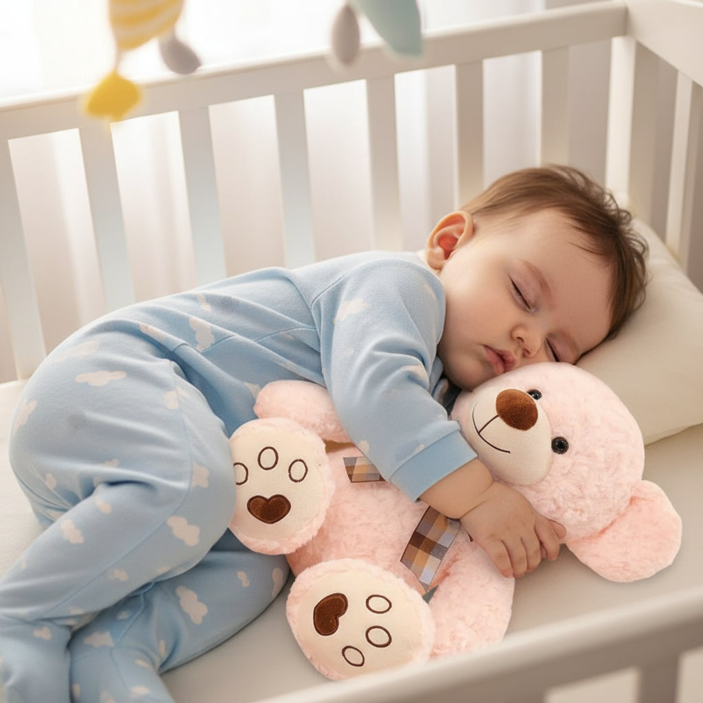 "Bébé doux dormant paisiblement avec son ours en peluche rose."