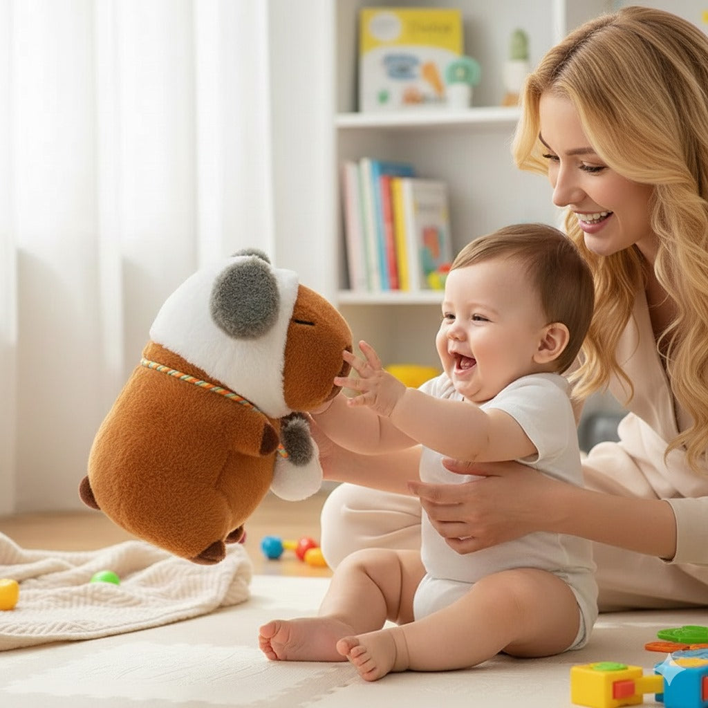 MÚre et bébé jouent joyeusement avec une peluche capybara.