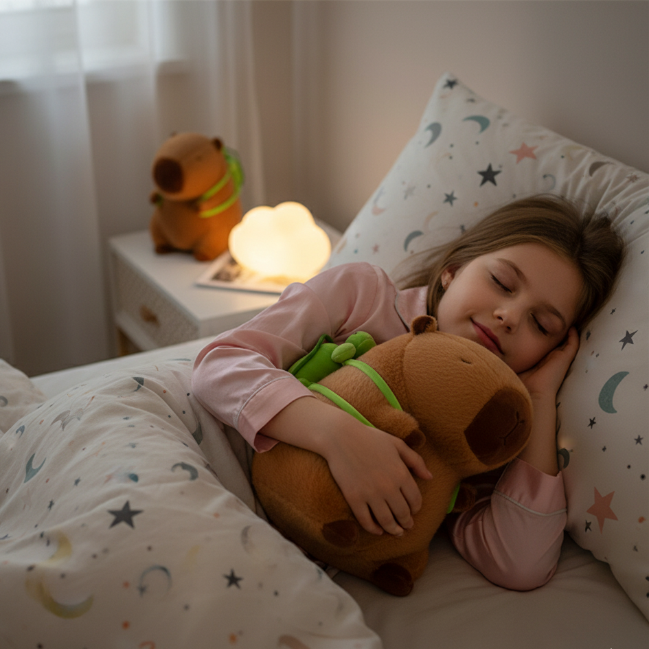 Deux peluches capybara avec sacs Ă dos verts, reposan