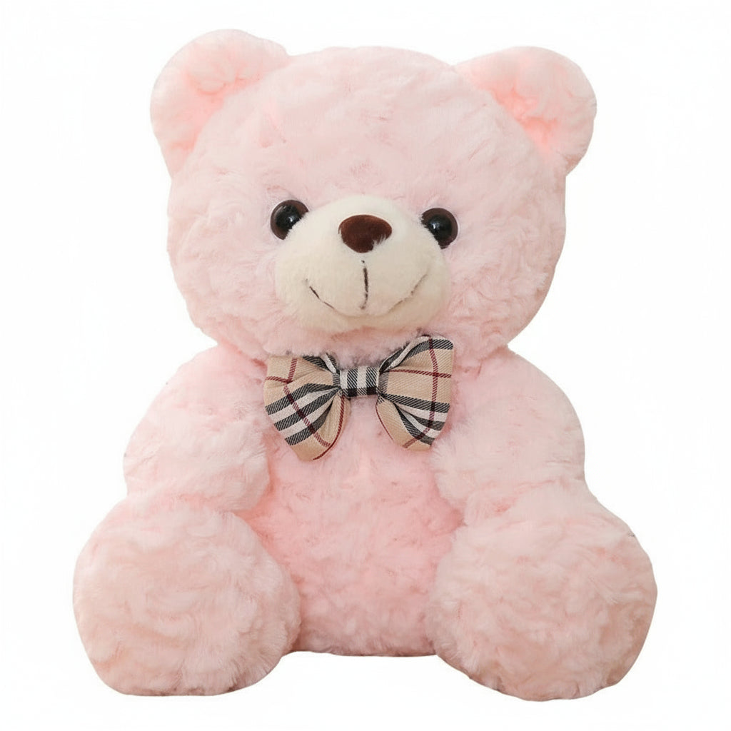Adorable Ours en peluche rose de 25cm avec nĆud papillon Ă carreaux.