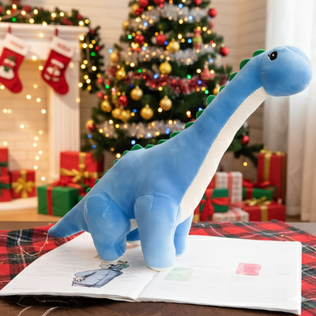 Joli peluche dinosaure bleu avec décorations de Noël et cadeaux festifs.