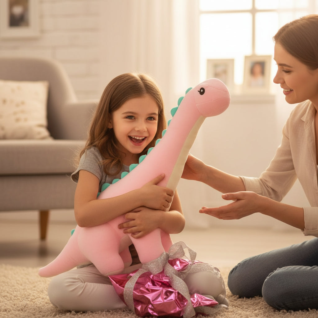 Petite fille joyeuse recevant un adorable peluche dinosaure rose de sa mĂšre.