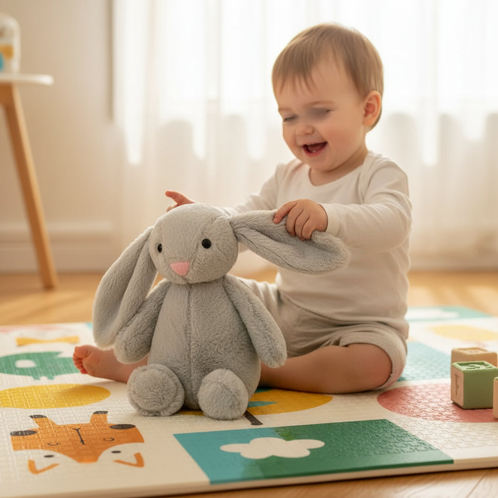 Bébé souriant jouant avec un lapin en peluche gris sur un tapis de jeu.