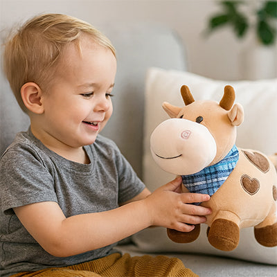 Un enfant souriant joue avec sa peluche vache, douceur et joie.