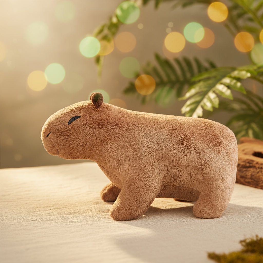 Une douce peluche capybara marron, adorable et moelleuse, pour cĂąlins.