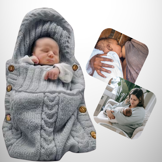 Un nouveau-né dort paisiblement, emmailloté dans la couverture d'emmaillotage Dors Bien, douce et respirante. À côté, une photo présente un bébé allaité et une maman donnant le sein tendrement sur un canapé.