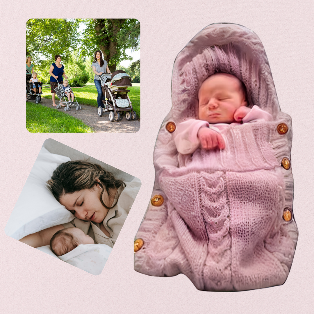 Un nouveau-né enveloppé dans la Couverture emmaillotage | Petit Rêve, une maman profitant d'un sommeil paisible à proximité et deux femmes avec des poussettes se promenant dans un parc ensoleillé.