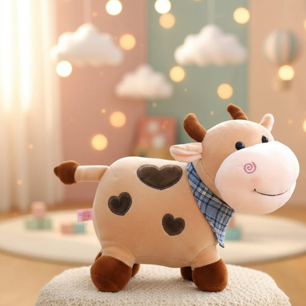 Peluche vache douce, marron, motifs cœurs, foulard carreaux.