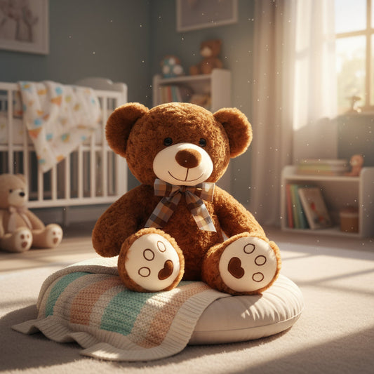 Ours en peluche souriant dans une chambre d'enfant ensoleillée, ambiance douce et chaleureuse.