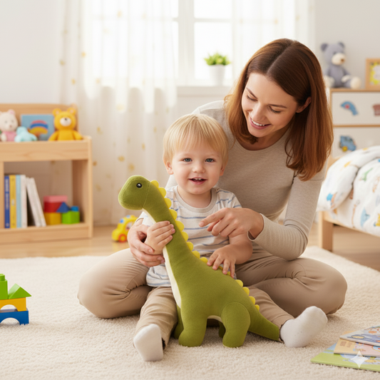 Un adorable enfant  et sa maman jouent avec un peluche dinosaure.